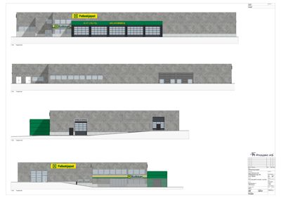 Fasadetegning som viser bygningens utsyn fra fire ulike vinkler (Nord, Sør, Vest og Øst).
