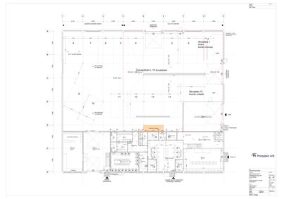 Etasjeplan (plantegning) som viser romfordeling, dimensjoner og funksjonelle soner i et bygg.
