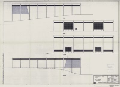 Fasadetegning som viser bygningens utsyn fra fire sider (syd, øst, vest, nord) med vindusoppsett og terrengforhold.