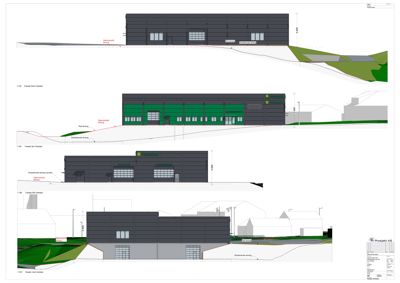Bildet viser en fasadetekning med oppriss av bygningen sett fra ulike høyder (110, 100, 90, 80), inkludert terrengforhold og detaljer som vinduer og dører.