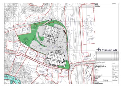 Situasjonsplan (tomteplan) som viser bygningens plassering i forhold til tomme, vei og nabolag.