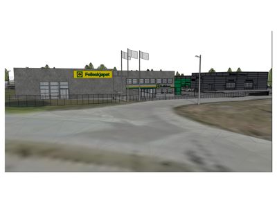 3D-visualisering av en Felleskjøpet-butikk med omgivende tomt og vei.