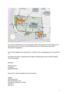 Situasjonsplan som viser bygningens plassering på tomt, med overlappet med kjørekurver og garasje.