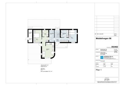 Etasjeplan (Plan 1) som viser romfordeling, arealer og funksjoner i en bolig.