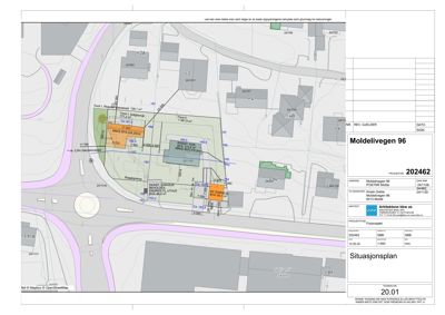 Situasjonsplan som viser tomtens grenser, naboeiendommer, veier og bygningers plassering.