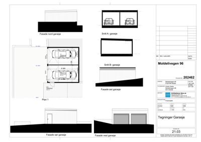 Bildet viser en tegning med fasade- og snittegninger for en garasje, inkludert et etasjeplan.