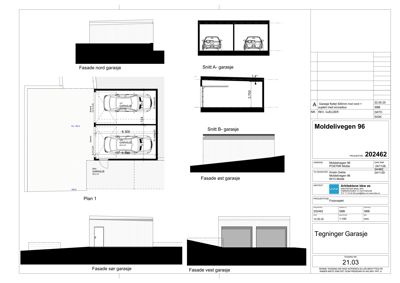 Etasjeplan (Plan 1) av en garasje med to parkeringsplasser, samt fasade- og snittegninger.