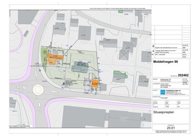 Situasjonsplan som viser tomtens grenser, naboeiendommer, veier og bygningers plassering.