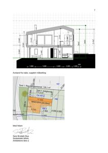 Bildet viser to dokumenter: øverst en snittegning av en bygning, og nederst en situasjonsplan (tomtekart) med arealopplysninger og grenser.