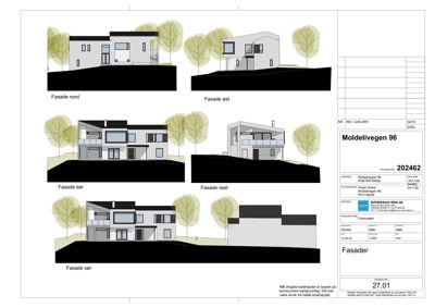 Fasadetegning som viser utsiden av en bolig sett fra fire sider (nord, øst, sør, vest).