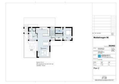 Etasjeplan (Plan 2) som viser romfordeling, veggtykkelse og areal for en bolig.