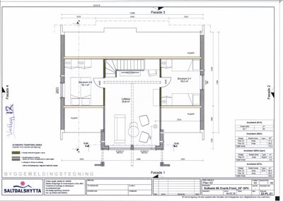 Etasjeplan (Plan 02) for en leilighet i Saltedalshytta, som viser romfordeling, arealoppdelinger og fasader.