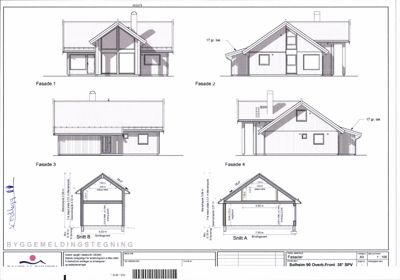 Fasadetegning med oppriss av bygningens ytre utseende fra fire ulike vinkler (Fasade 1-4) samt to snittegninger (Snitt A og B).