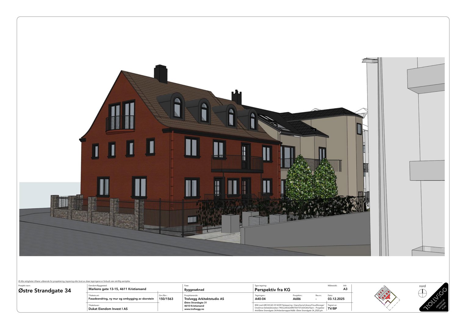 3D-visualisering (perspektiv) av en bygning med fasade, tak og omgivelser