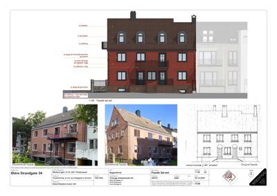 Fasadetegning med illustrasjoner av forslag til endringer (ny takstein, balkonger) sammenlignet med eksisterende fasade og original tegning.