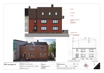 Bildet viser en fasadetegning (Nord-vest) med detaljer om nye takstein, vinduer og fasadematerialer, samt en eksisterende fasadefoto og en original fasadetegning for sammenligning.