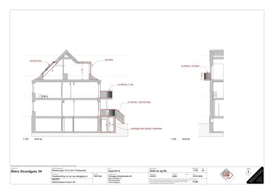 Snittegning (Snitt aa og bb) som viser tverrsnittet av en bygning med nye balkonger og etasjer.
