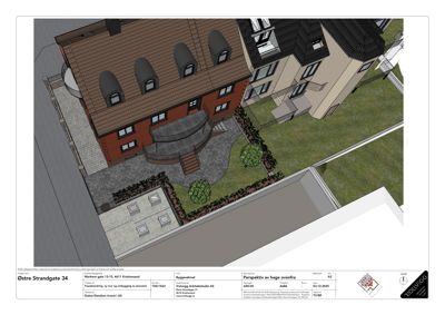 3D-visualisering (perspektiv) av en bygning og hage fra oven.