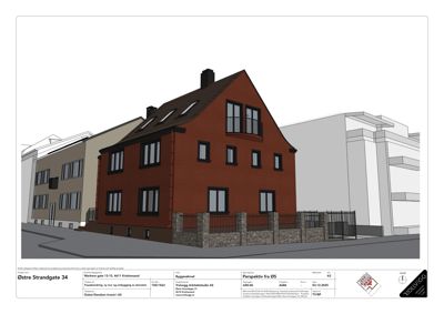 3D-visualisering (perspektiv) av en bygning i Østre Strandgate 34 med omgivende nabolag.