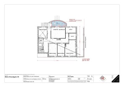 Etasjeplan for kjelleretasje (Plan kjeller) med romfordeling, dimensjoner og notater om eksisterende og nye vegger.