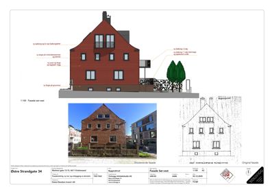 Fasadetegning som viser etasjeplaner, detaljer og eksisterende fasade for en bygning.