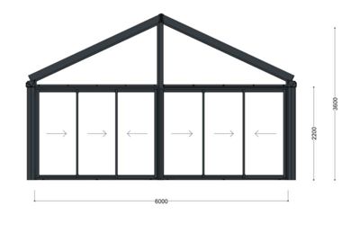 Fasadetegning som viser et oppriss av en bygning med et skråtak og en stor glassfasade. Tegningen inneholder mål på bredde (6000), høyde (2200 og 3600) og pil som indikerer åpenbare bevegelser eller funksjoner i glassveggene.