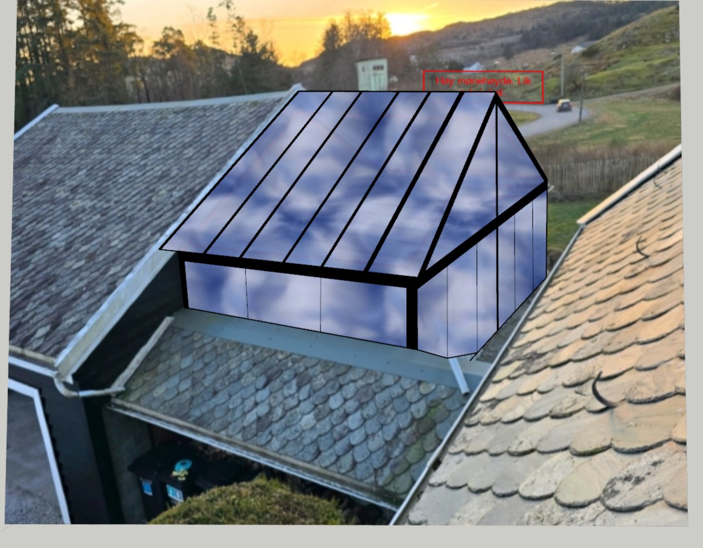 3D-visualisering av en planlagt utvidelse eller tilbygg på et eksisterende hus, vist med et realistisk bakgrunnsbilde.