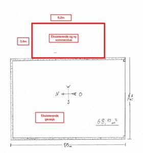 Situasjonsplan som viser tomtens dimensjoner (9,85m x 7,00m), areal (68,95 m²), orientering (N/S/E/V), og plassering av eksisterende garasje og ny sommerstue.