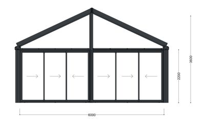 Fasadetegning som viser et oppriss av en bygning med et skråtak og en stor glassfasade. Tegningen inneholder mål på bredde (6000), høyde (2200 og 3600) og pil som indikerer åpenbare bevegelser eller funksjoner i glassveggene.