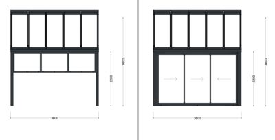 Tegning som viser detaljert oppriss av et vindu eller en dør med mål (3600x3600 mm) og indikasjon på glidelåsdørbevegelser.