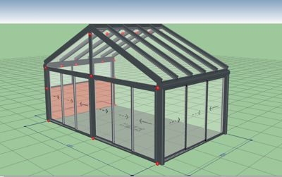 3D-visualisering av en glasskonstruksjon (f.eks. etasje eller veranda) med synlig rammeverk og glassflater.