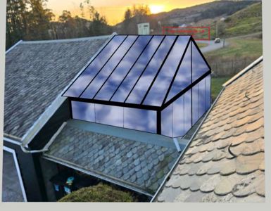 3D-visualisering av en planlagt utvidelse eller tilbygg på et eksisterende hus, vist med et realistisk bakgrunnsbilde.