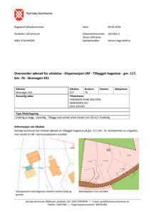 Et dokument fra Karmøy kommune som viser en søknad om dispensasjon. Dokumentet inneholder to kart: et situasjonskart (venstre) og et markslagskart (høyre) som viser eiendommen og naboeiendommer.
