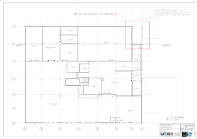 Etasjeplan (U. etasje) som viser romfordeling, vegger og tekniske installasjoner.