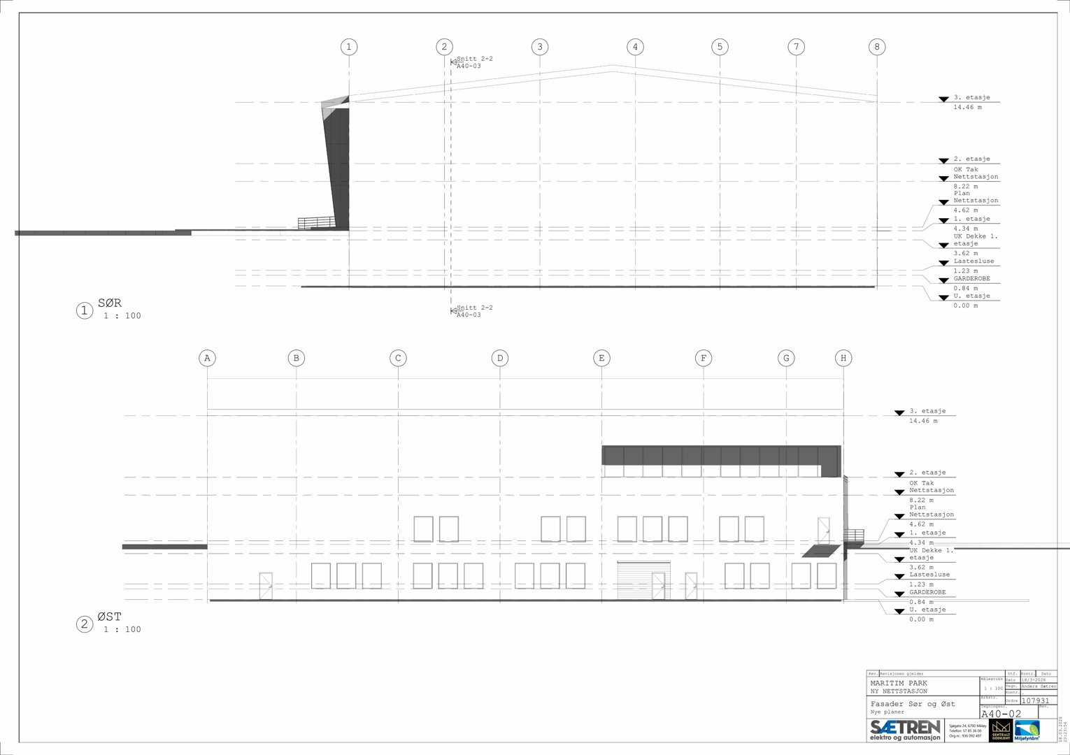 Fasadetegning som viser bygningens utseende sett fra sør og øst, inkludert etasjer, vinduer og takform.