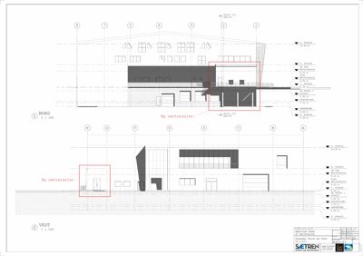 Snittegning som viser bygningens tverrsnitt fra nord og vest, med høydeangivelser og etasjer.
