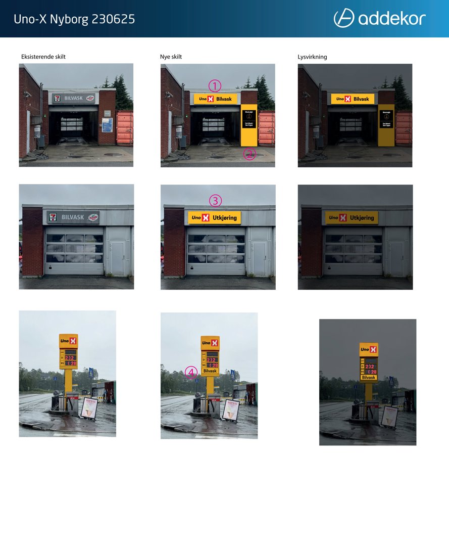 Et sammenlignende bilde som viser eksisterende skilt, nye skilt og lysvirkning for en Uno-X Bilvask og Utkjøring.