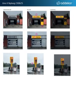 Et sammenlignende bilde som viser eksisterende skilt, nye skilt og lysvirkning for en Uno-X Bilvask og Utkjøring.