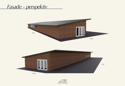 Fasadeperspektiv tegning som viser bygningens utseende fra tre ulike vinkler (Øst, Nord og Vest).
