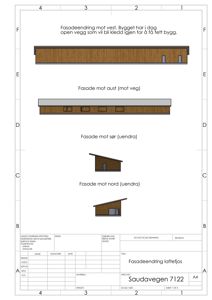 Fasadetegning som viser oppriss av bygningens fasader mot nord, sør, øst og vest.