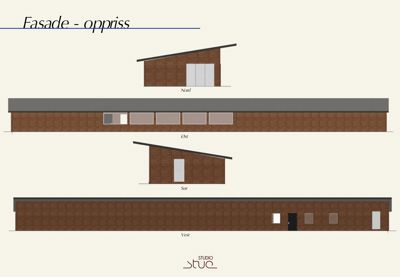 Fasadetegning (oppriss) som viser bygningens utsyn fra alle fire sider (Nord, Øst, Sør, Vest).