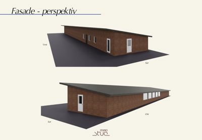 Perspektivtegning (rendering) som viser fasadeoppsettet for en bygning sett fra flere vinkler (Vest, Sør, Øst).