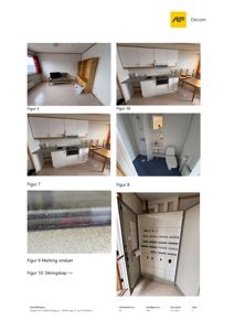 Et sammensatt bilde (collage) som viser flere fotografier av et interiør, inkludert et stueområde, kjøkken, bad og en sikringskap.