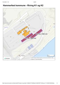 Kart fra Norkart som viser to riveområder (K1 og K2) i Hammerfest kommune med arealopplysninger.