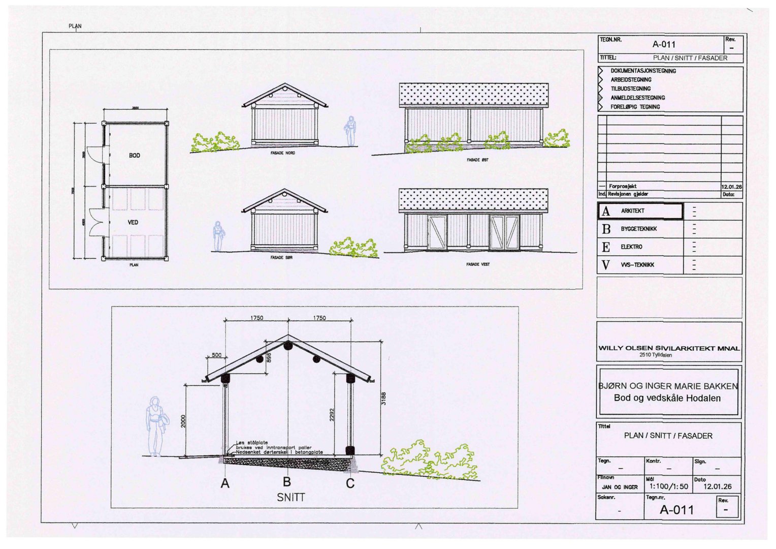 Dette bildet viser en tegning som inneholder både fasadeopprikk (FRONT OG BAK, VEST OG ØST) og en snittegning (SNITT).