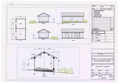Dette bildet viser en tegning som inneholder både fasadeopprikk (FRONT OG BAK, VEST OG ØST) og en snittegning (SNITT).