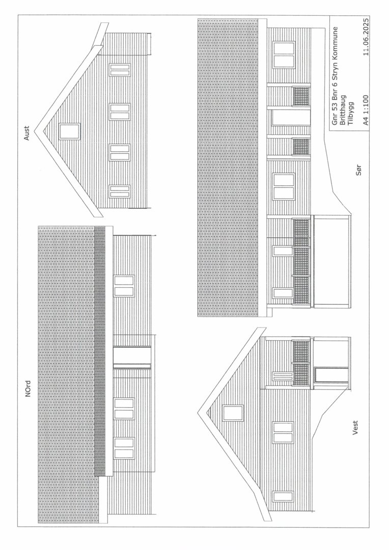 Fasadetegning som viser bygningens utseende fra fire sider (Nord, Sør, Øst, Vest) med detaljer om vinduer, takform og fasadematerialer.