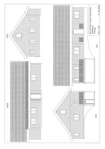 Fasadetegning som viser bygningens utseende fra fire sider (Nord, Sør, Øst, Vest) med detaljer om vinduer, takform og fasadematerialer.