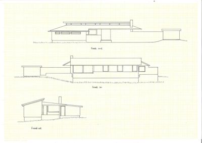 Tegning som viser fasadeopprikk (Nord, Sør og Øst) av en bygning.