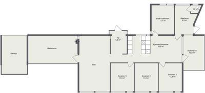 Etasjeplan som viser romfordeling, arealer og funksjoner i en bolig (garasje, stue, soverom, kjøkken, bad).